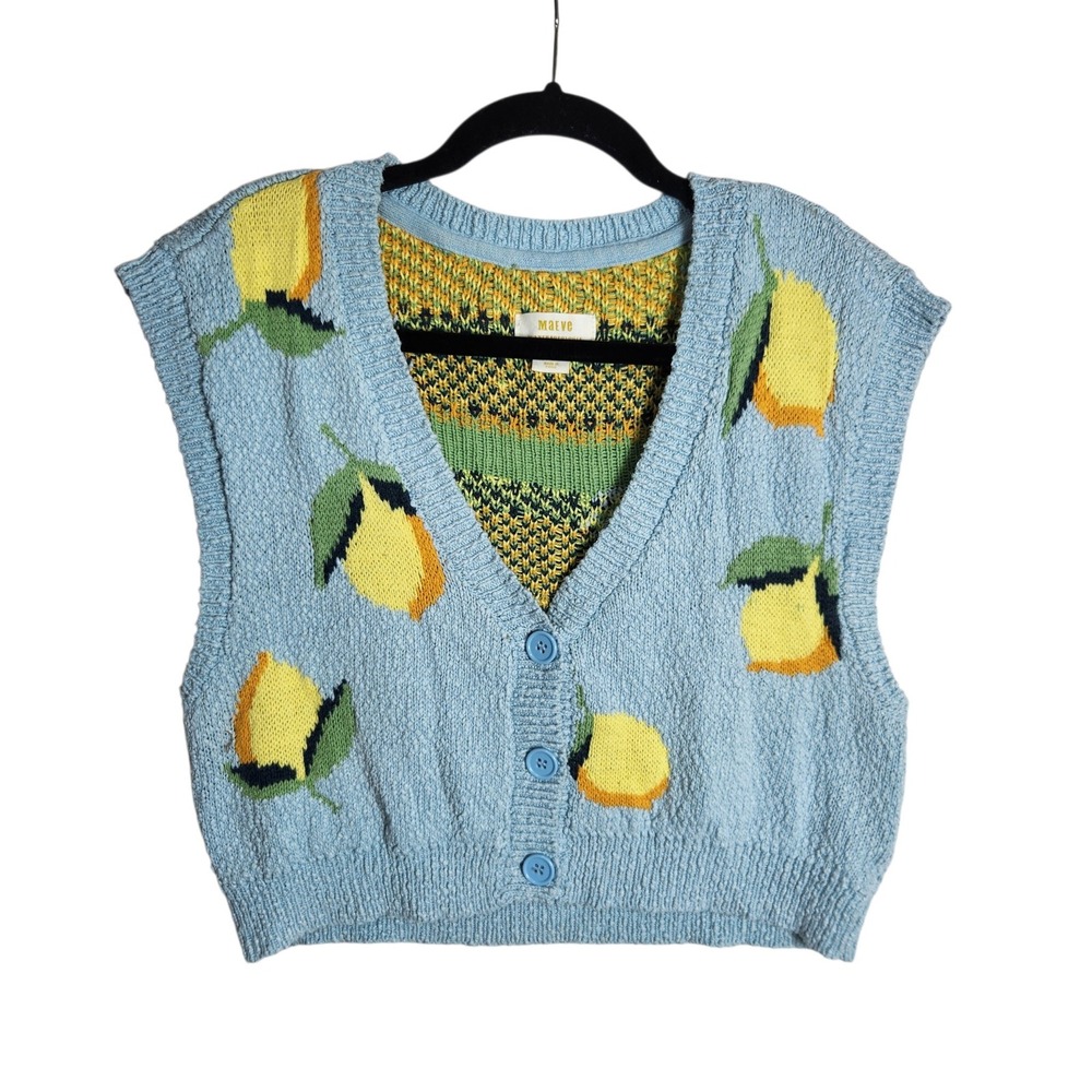 Maeve Anthropologie Lemon Print Knit Sweater Vest Blue Cropped Cardigan Medium